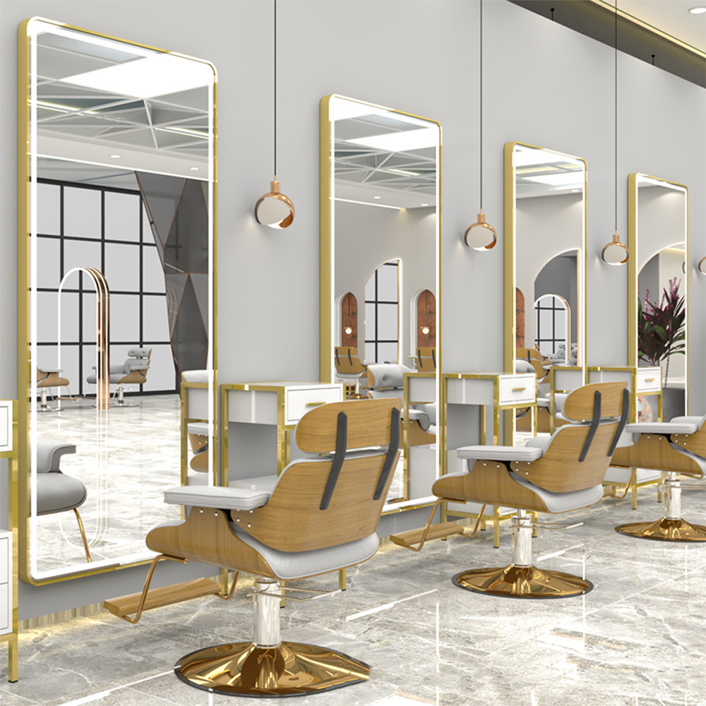 Kabinet Cermin Lampu Led Mewah Emas Untuk Salun Rambut Salun Kecantikan Led Salon Kecantikan Cermin Dengan Cermin Penggayaan Pintu Untuk Salun Rambut