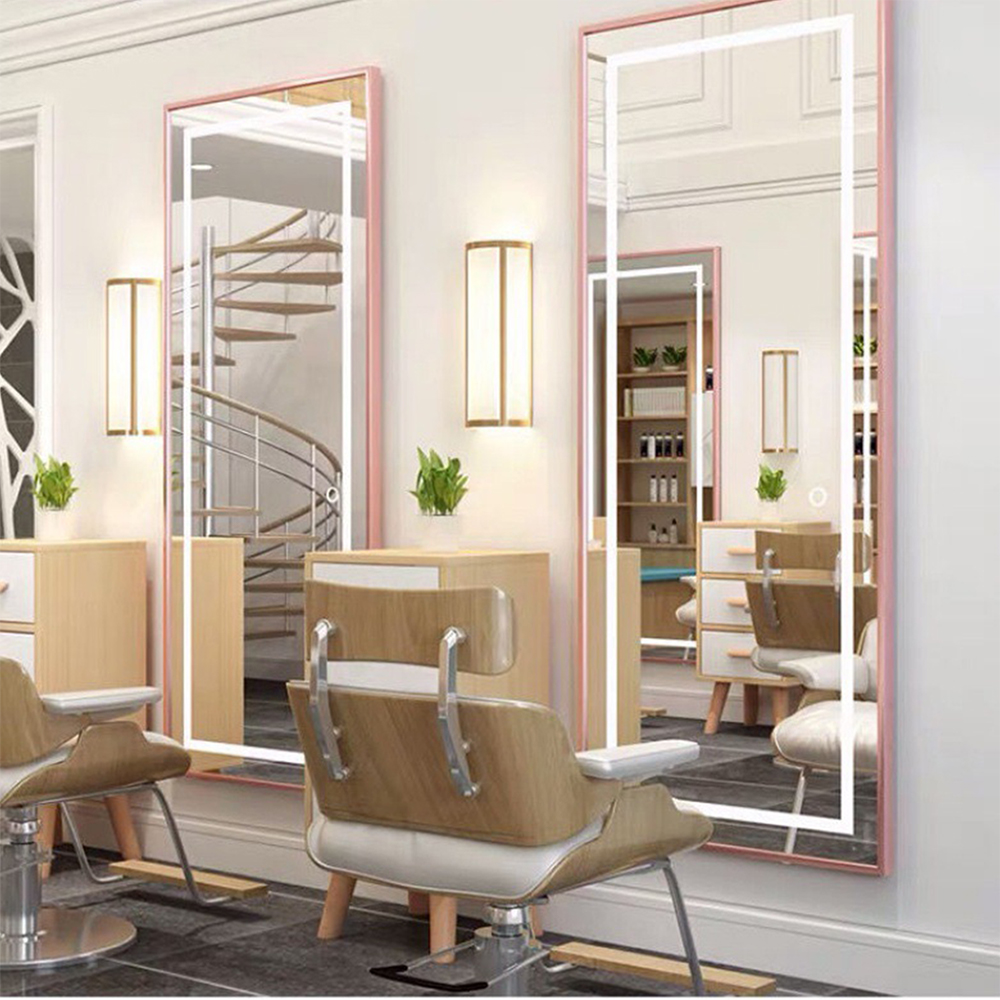 Kabinet Cermin Cahaya Sudut Kanan Merah Jambu Untuk Cermin Salun Rambut Dengan Cermin Penggayaan Pintu