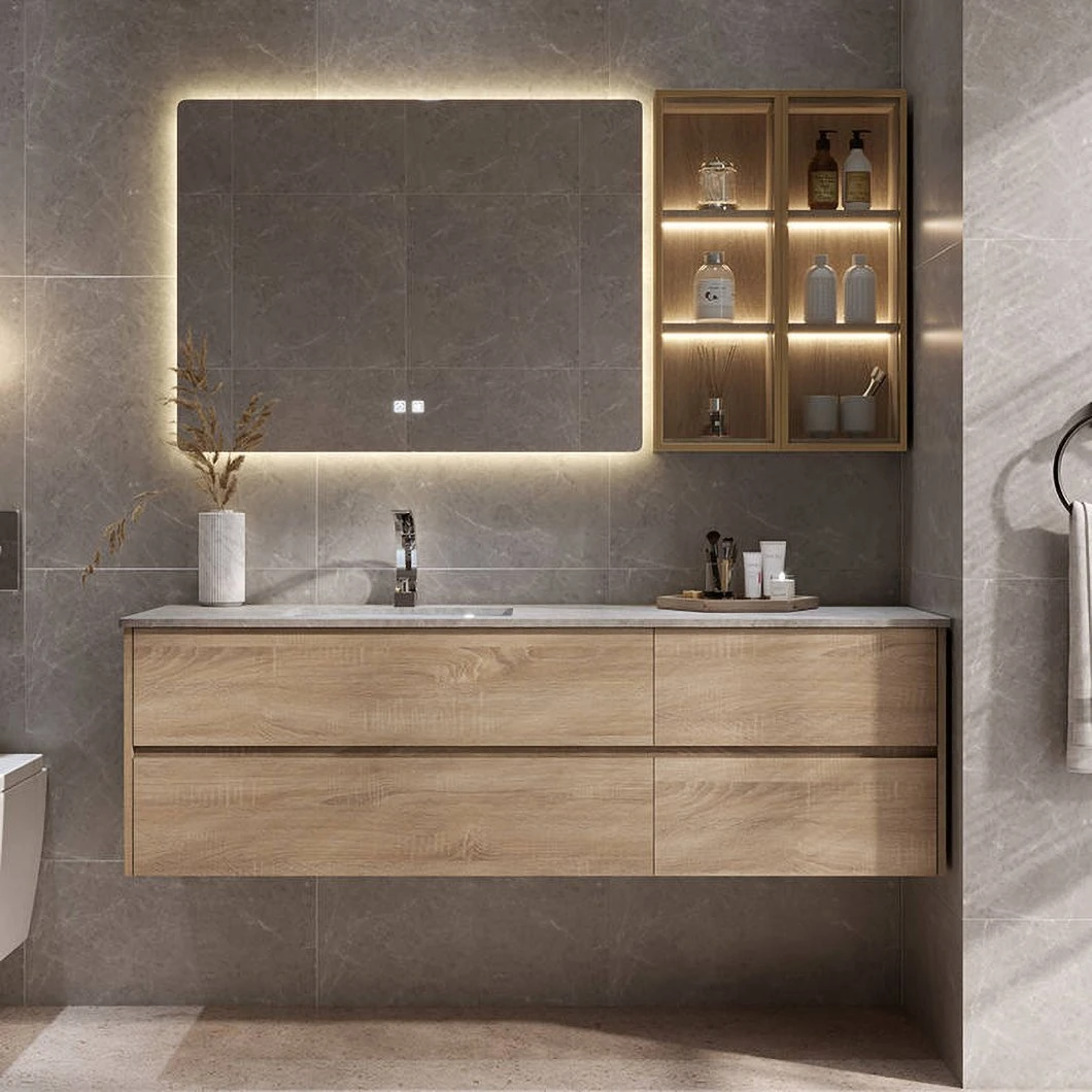 Set Vanity Bilik Mandi Murah Tersuai Kilang LED Kabinet Bilik Mandi Kayu Kalis Air LED Cermin Kabinet Cermin Pintar