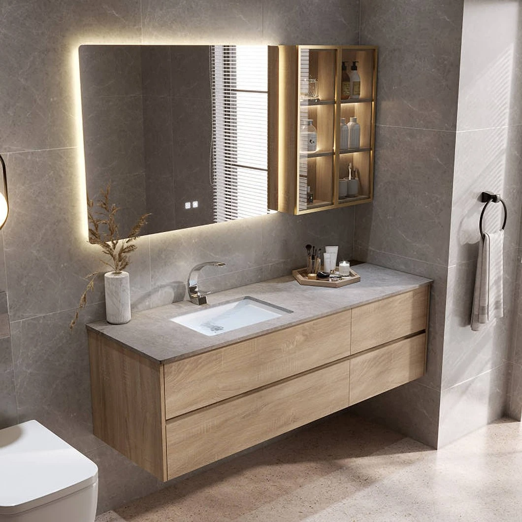 Set Vanity Bilik Mandi Murah Tersuai Kilang LED Kabinet Bilik Mandi Kayu Kalis Air LED Cermin Kabinet Cermin Pintar