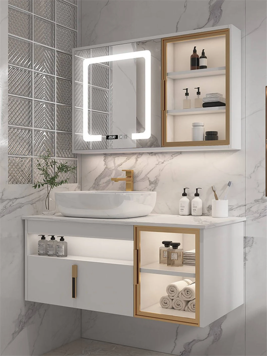 Bilik Mandi Moden Hotel Double Sink Vanity Kabinet Bilik Mandi Kayu Kalis Air dengan Kabinet Cermin Pintar