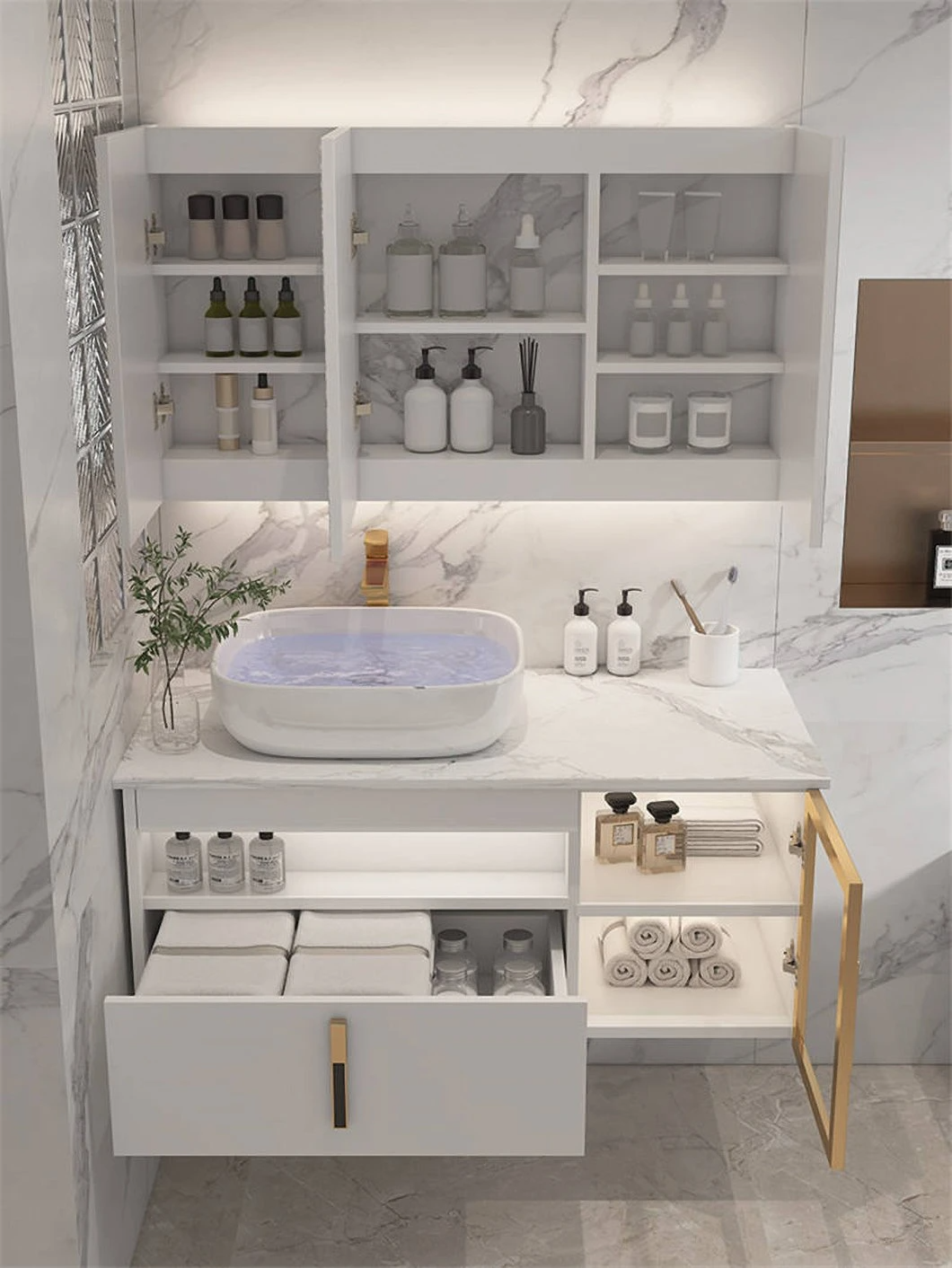 Bilik Mandi Moden Hotel Double Sink Vanity Kabinet Bilik Mandi Kayu Kalis Air dengan Kabinet Cermin Pintar