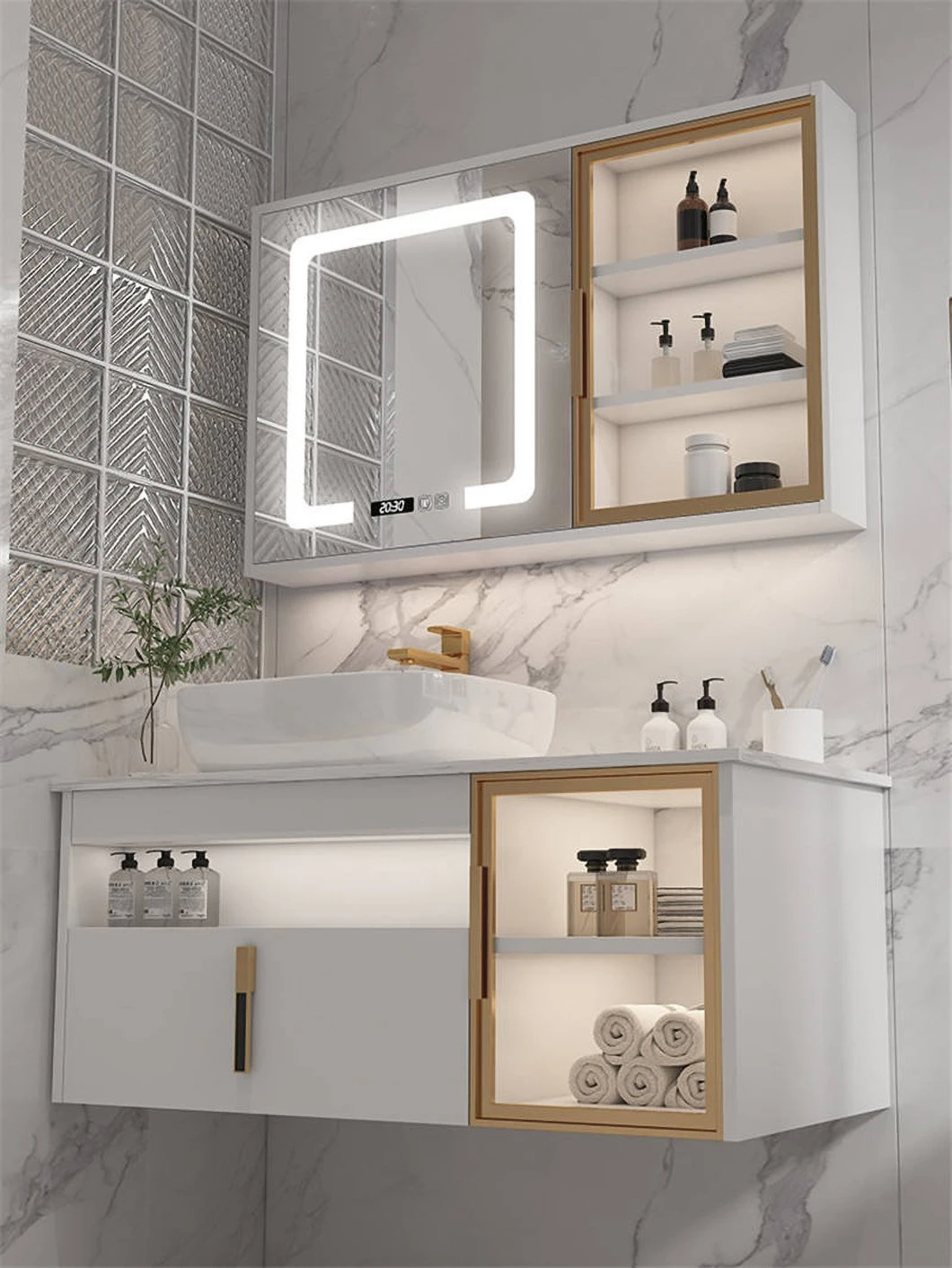 Bilik Mandi Moden Hotel Double Sink Vanity Kabinet Bilik Mandi Kayu Kalis Air dengan Kabinet Cermin Pintar