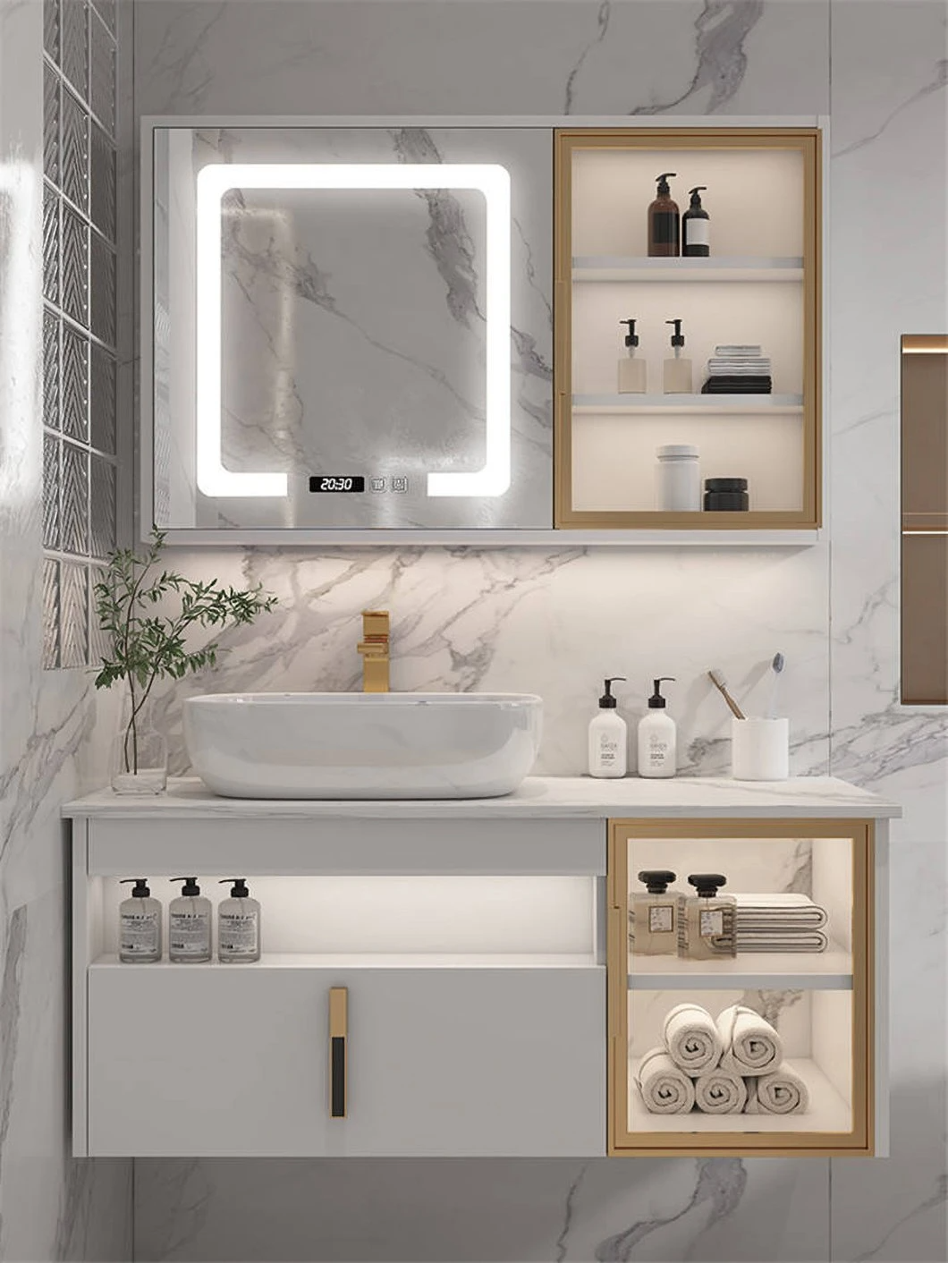 Bilik Mandi Moden Hotel Double Sink Vanity Kabinet Bilik Mandi Kayu Kalis Air dengan Kabinet Cermin Pintar
