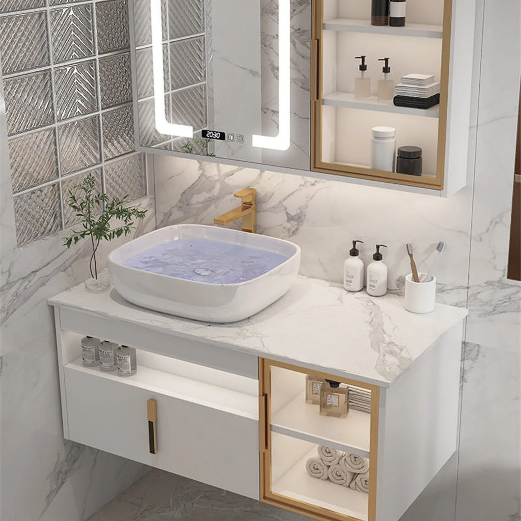 Bilik Mandi Moden Hotel Double Sink Vanity Kabinet Bilik Mandi Kayu Kalis Air dengan Kabinet Cermin Pintar