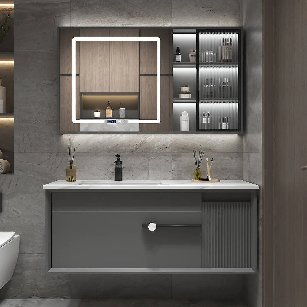 Set Vanity Mewah Moden dengan Kabinet Bilik Mandi Kayu Keras Berkilat Hitam dengan Cermin LED