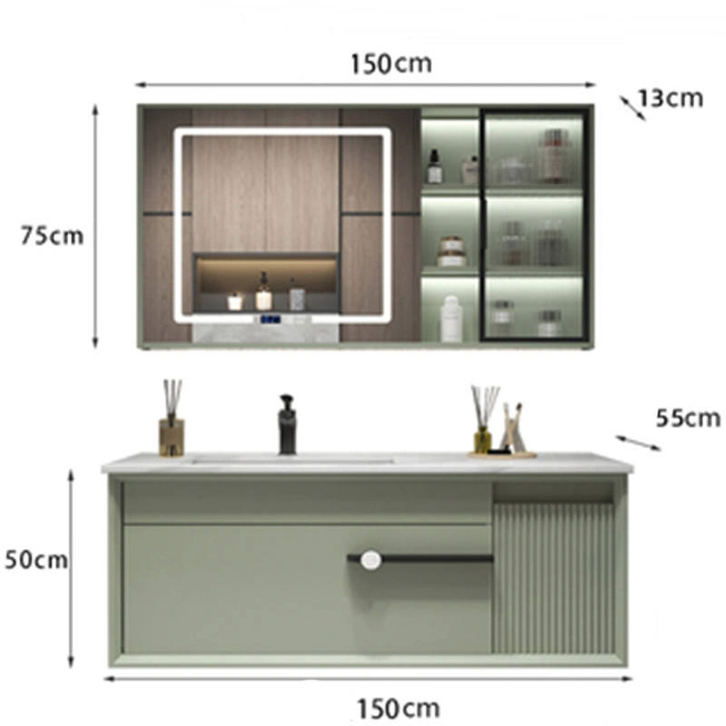 Set Vanity Mewah Moden dengan Kabinet Bilik Mandi Kayu Keras Berkilat Hitam dengan Cermin LED