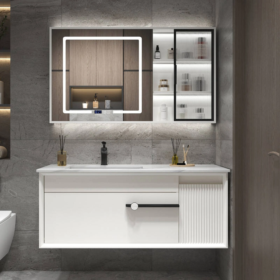 Set Vanity Mewah Moden dengan Kabinet Bilik Mandi Kayu Keras Berkilat Hitam dengan Cermin LED