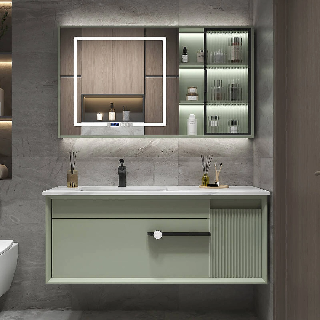 Set Vanity Mewah Moden dengan Kabinet Bilik Mandi Kayu Keras Berkilat Hitam dengan Cermin LED