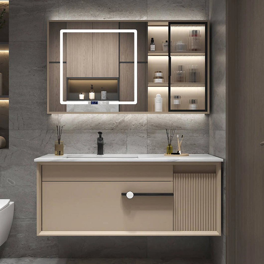 Set Vanity Mewah Moden dengan Kabinet Bilik Mandi Kayu Keras Berkilat Hitam dengan Cermin LED