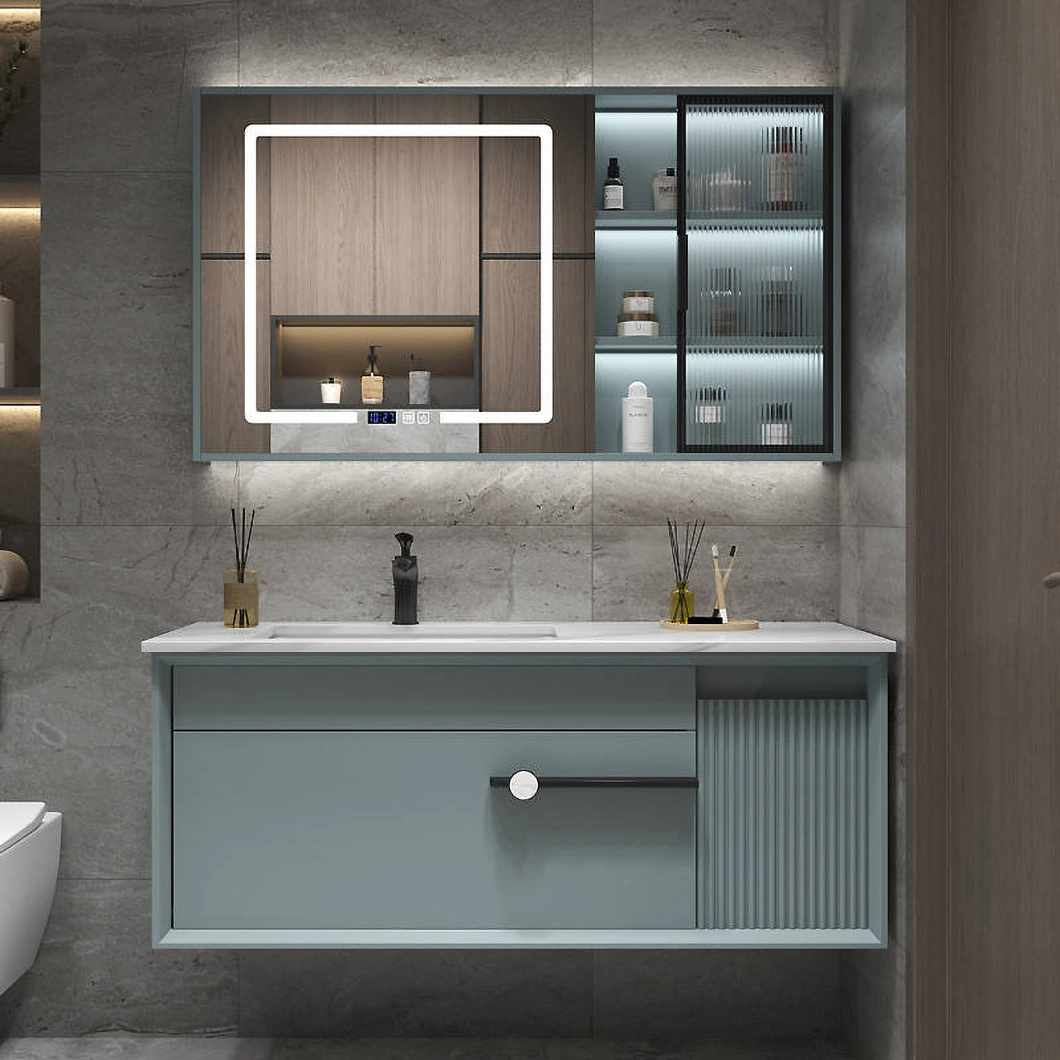 Set Vanity Mewah Moden dengan Kabinet Bilik Mandi Kayu Keras Berkilat Hitam dengan Cermin LED