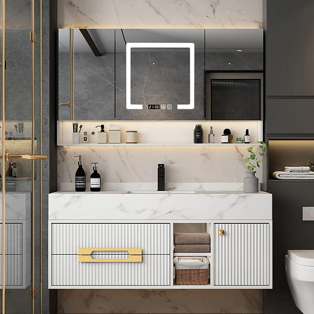 Sinki Vanity Moden Garisan Emas Lembangan Kabinet Gantung Dinding Single Knock Down Bilik Mandi Marmar Kabinet Solek dengan Lampu Cermin dan Sinki
