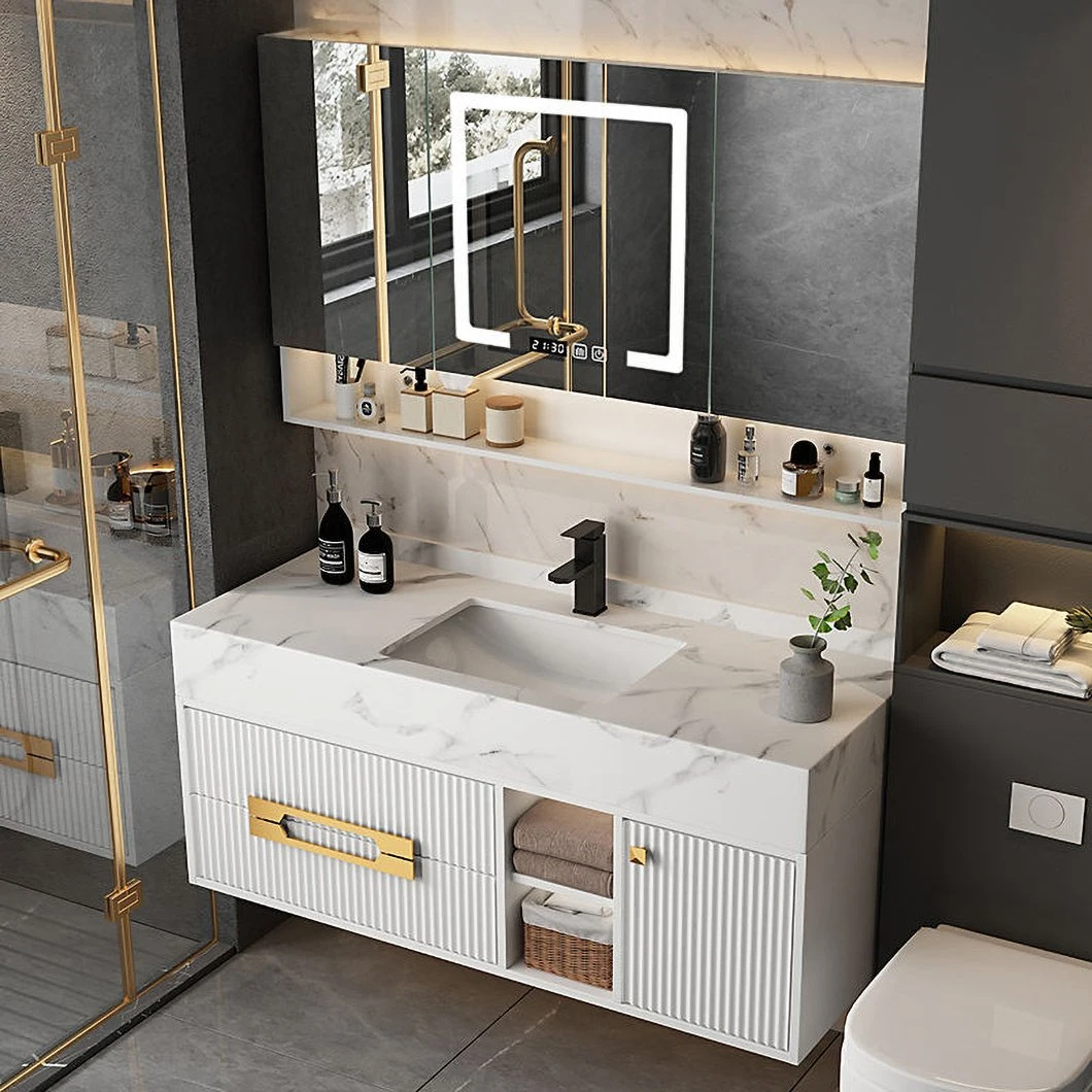 Sinki Vanity Moden Garisan Emas Lembangan Kabinet Gantung Dinding Single Knock Down Bilik Mandi Marmar Kabinet Solek dengan Lampu Cermin dan Sinki