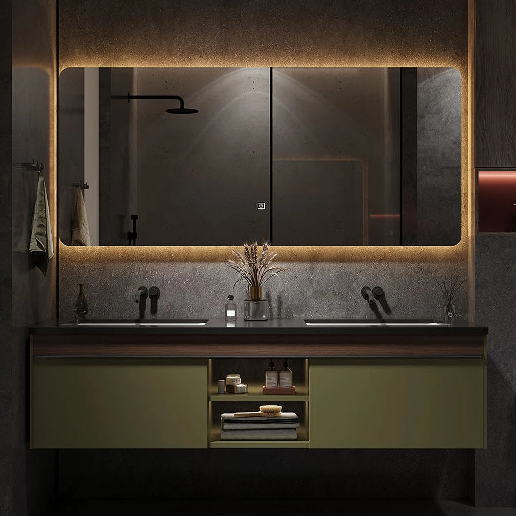 OEM Moden Dua Cuci Muka dan Besen Basuh Tangan Hitam Countertop Batu tulis Kayu Pejal Dipasang di Dinding Kabinet Cermin Bilik Mandi Vanity