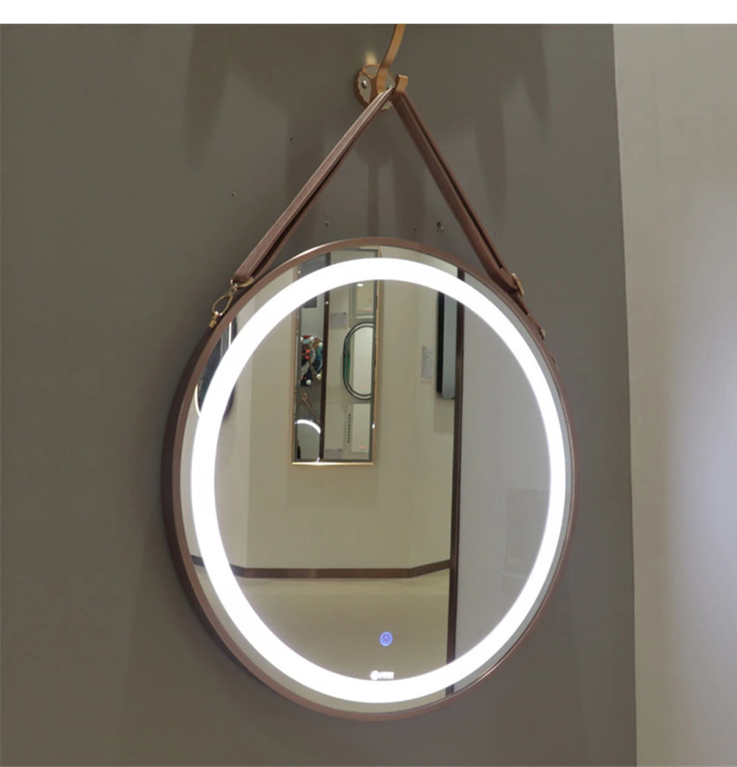 Cermin Bulat LED Bilik Mandi Dinding dengan Tali Pinggang Tali Kulit Cermin Pintar Cermin Dinding Hiasan Rumah Cermin Solek Bluetooth Aksesori Bilik Mandi Perabot Salun
