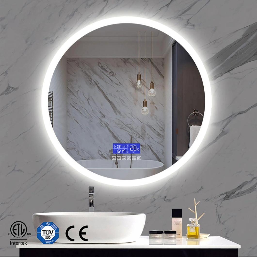 Bingkai Cermin Alam Sekitar Bulat Gantung Dinding Masa Paparan Kaca Cermin Mandi Pintar dengan Lampu LED